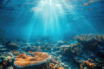 An underwater seascape with coral reefs marine life and sunbeams piercing through the water