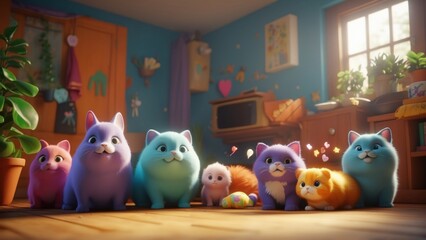 Joyful Furry Friends 3D Animated Pets Delighting in a Color-Infused Space