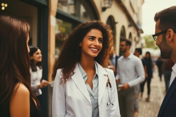 A young girl doctor stands on the street and smiles sincerely
