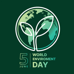 World Enviroment Day - White line leaf with circle curve around on circle green globe earth sign on dark green background vector design