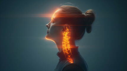 Profile of a woman with glowing orange light representing throat pain or voice loss concept.