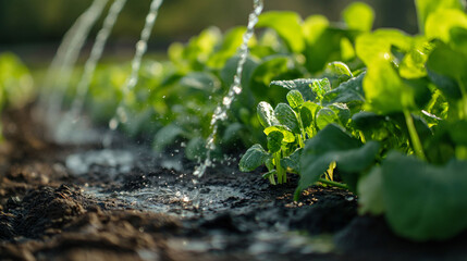 Watering young plants in a garden, with sunlight highlighting the fresh leaves and water droplets.