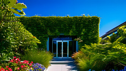 Fototapeta na wymiar A Eco green building adorned with an abundance of trees and shrubs, featuring a green roof and plant-covered walls to accentuate urban greenery. Perfect for Earth Day, World Environment Day