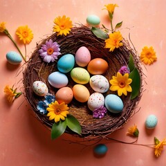 Obraz na płótnie Canvas Colorful pastel themed assortment of easter eggs, bright springtime colors