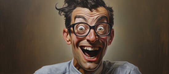 A cartoon man wearing glasses and a hat, with facial hair, making a funny face. His smile stretches from ear to ear, and his jaw drops comically low - obrazy, fototapety, plakaty