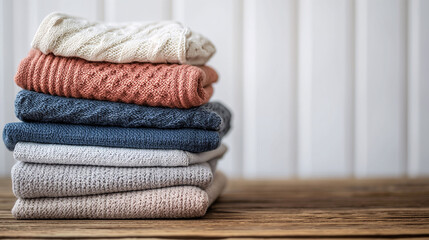 Obraz na płótnie Canvas Stack of cozy knitted sweaters on wooden table against white plank background.