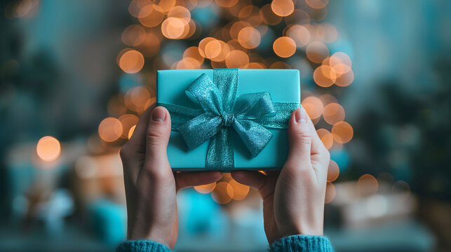 Hands holding a gift box with a teal ribbon, bokeh lights in the background.