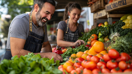 Happy market vendors arranging fresh vegetables at a local farmer's market.