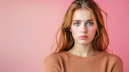 Sad young woman with acne problem on color background 