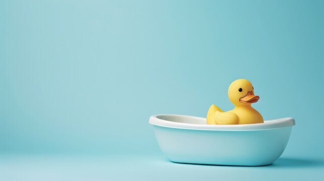 Rubber yellow duck in small bathtub on blue background. Space for copy 