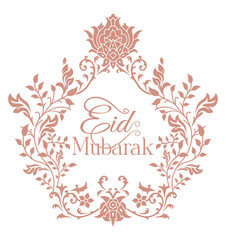 'Eid Mubarak' greetings in English script and decorative floral frame