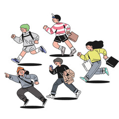 Five young people in casual clothes are running or skateboarding in different postures, as if they are rushing to their respective destinations, each holding a mobile phone or backpack, showing the vi