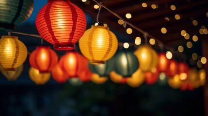 Bright festive lanterns strung up close up