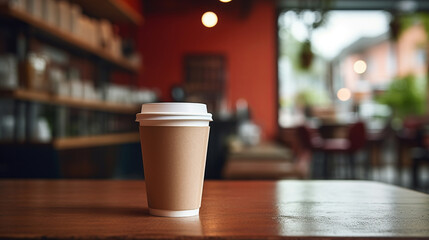 Paper cup of coffee on a wooden table in a coffee shop. Space for text and design.