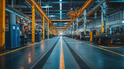 Obraz premium Industrial warehouse interior with symmetrical perspective of machinery and fluorescent lighting