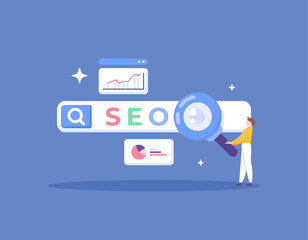 illustration of an SEO specialist or engineer analyzing SEO. SEO analysis. analyze website performance to create content and strategies that are effective in search engines. flat style illustration 