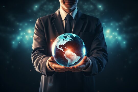 Businessman shows a conceptual hologram of the Earth on his hand. Future technologies