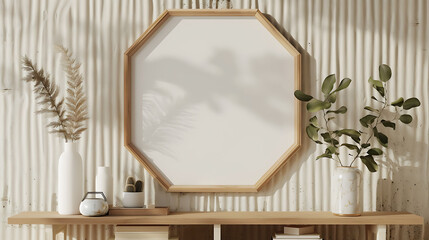 Hexagonal shape mockup photo frame wooden border, on bookcase in modern living room, 3d render