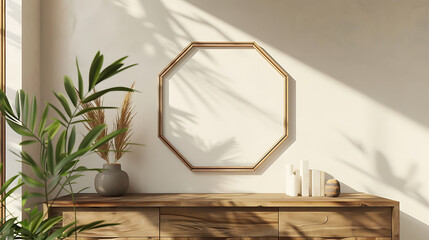 Hexagonal shape mockup photo frame bamboo border, on dresser in modern living room, 3d render