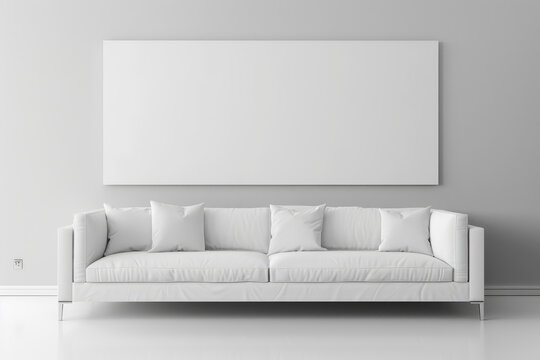 Mock up with empty copy space for text. Minimalistic interior with white walls, sofa and white canvas or picture frame on the wall