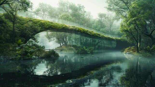 Misty forest with natural arch bridge over tranquil river