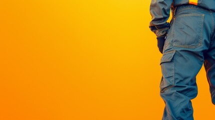 A man in blue overalls poses confidently in front of a vibrant yellow backdrop - obrazy, fototapety, plakaty