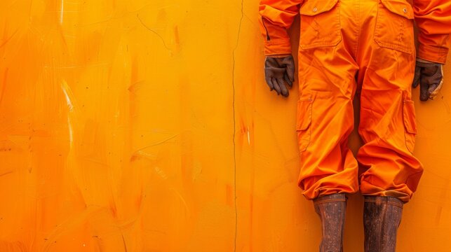 A man in an orange jumpsuit stands against a yellow wall