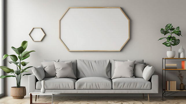 Hexagonal shape mockup photo frame plastic border, on book shelf in modern living room, 3d render