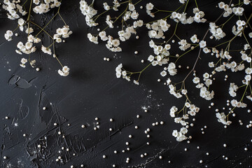 white minimal tiny flowers isolated on copy space black background, White blossoms in black backdrop, Beautiful jasmine flowers blooming, jasmine flowers on black surface, Orchid flower arrangements