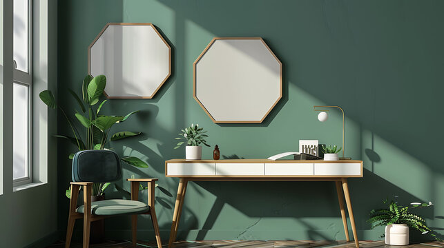 Hexagonal shape mockup photo frame plastic border, on study desk in modern living room, 3d render