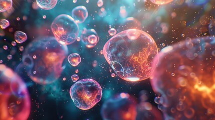 Naklejka premium Abstract colorful bubbles floating with a bokeh effect on a vibrant background.