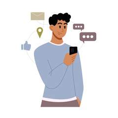 Young Black Man is Holding a Smartphone. Person and Gadget. Communication in the Network. Vector Illustration in Flat Style.
