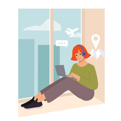 Travel Girl. Young Woman Sits on the Windowsill with a Laptop and Planning her Next Trip. Travel-related Content or Advertising Materials. Vector Illustration in Flat Style.