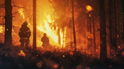 Firefighters extinguish a forest fire using hoses and helicopters - obrazy, fototapety, plakaty