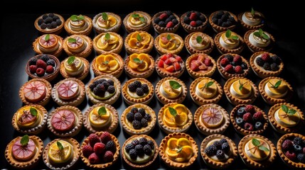 Fototapeta na wymiar Variety of mini tarts with different fruits and berries on black background