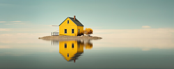 Yellow house on the edge of ocean. - obrazy, fototapety, plakaty