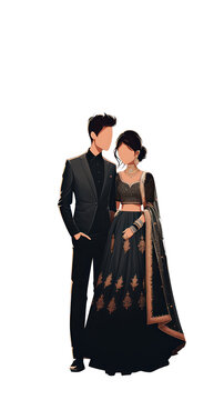 indian couple groom in a black dresscode isolated on transparent background, caricature cartoon