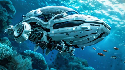 An underwater vehicle glides effortlessly through the peaceful depths of the ocean