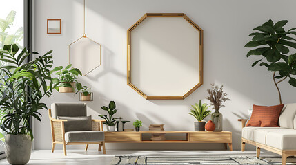 Hexagonal shape mockup photo frame bamboo border, on bookcase in modern living room, 3d render