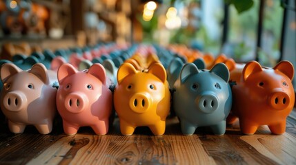 A group of piggy banks attending a financial wellness retreat, learning about savings and investment options