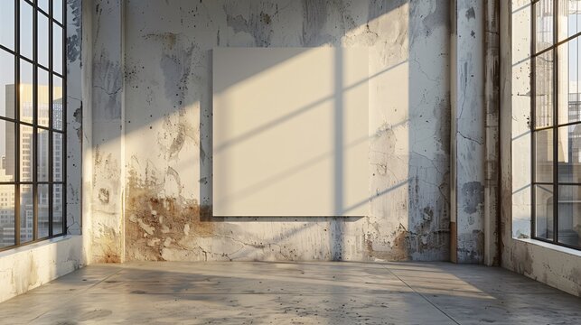 blank of square canvas on a white wall vintage, in an exhibition