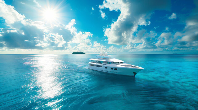 Luxury yacht sailing on the blue ocean with a sunny sky and clouds above.