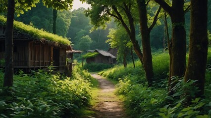 Fototapeta premium Village road pathway through forests and huts