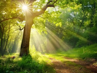 Sun rays piercing through the leaves of a lush green forest, casting a magical glow