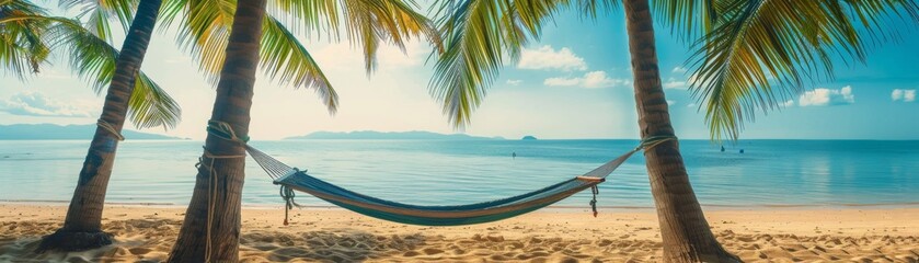 Tropical beach with a hammock between palm trees