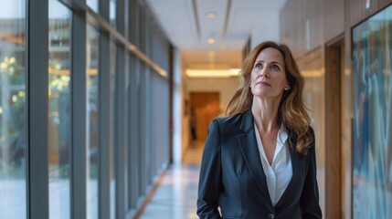Fototapeta premium A mature female executive stands in the hallway of a modern office building