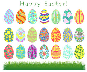Spring holiday collection with Happy Easter eggs with different textures and patterns and grass isolated on white. Traditional symbols and objects set in flat design style. 