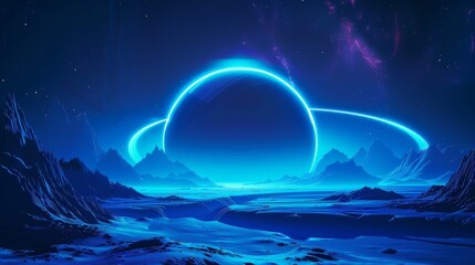 Blue arc space background with space planets, styled as futuristic landscapes