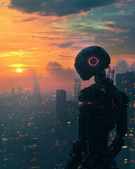 An enigmatic robot stands watching the sunrise in the city, its metallic form silhouetted against the emerging dawn sky.
