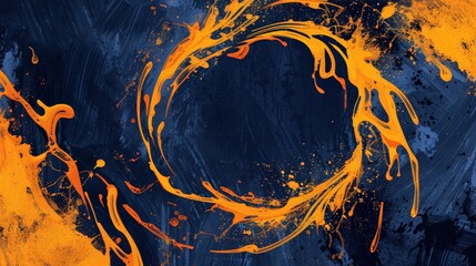 A navy blue-themed ink graffiti-style poster background is adorned with vibrant orange-yellow accents,